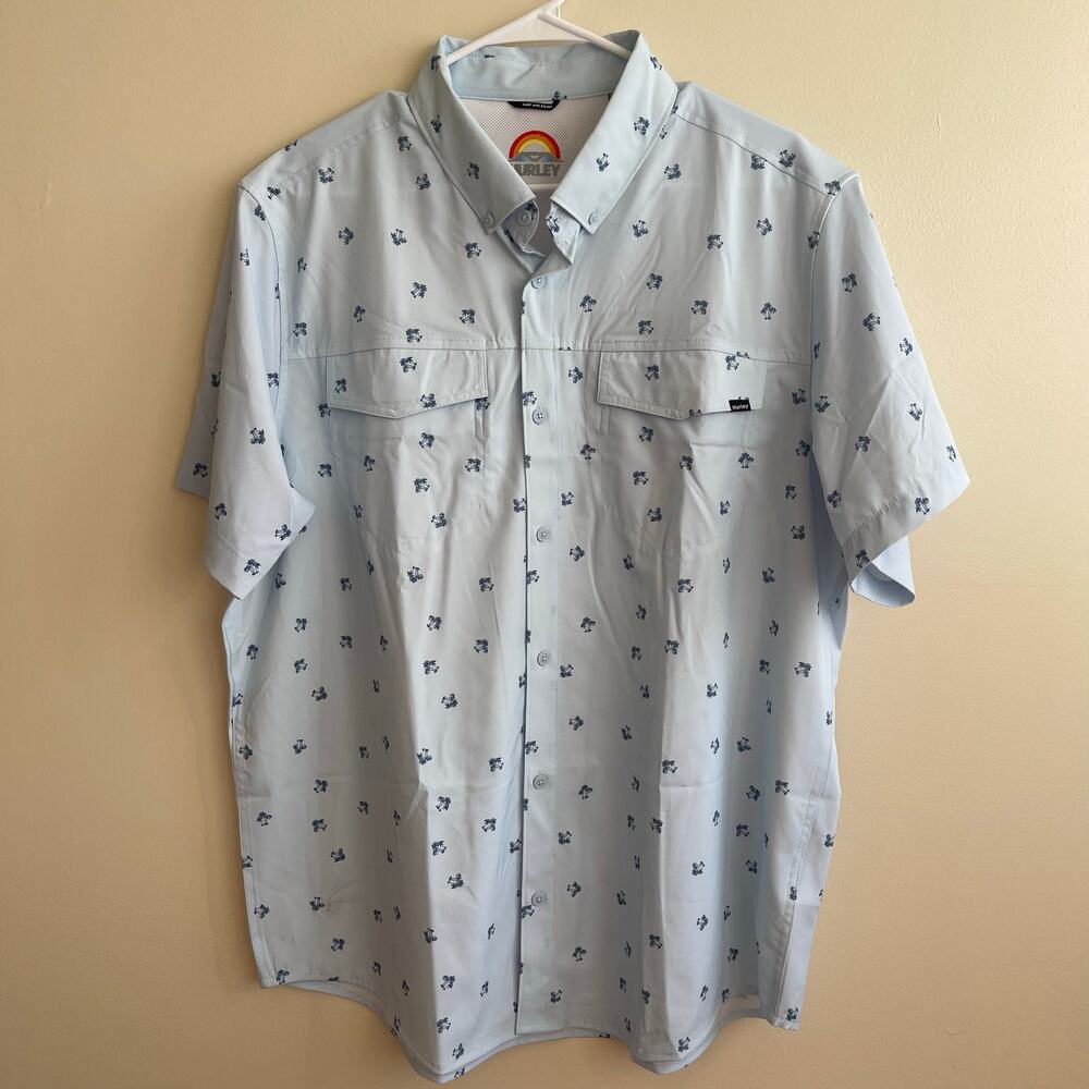 Hurley Men's XL Blue Palm Trees Floral Printed Utility Button Down Short Sleeve